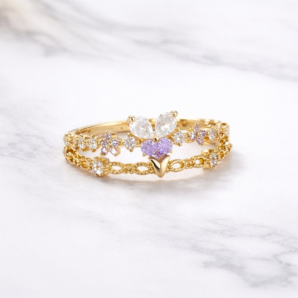 Adjustable NWT Elegant Gold Tone and Purple CZ Butterfly Ring